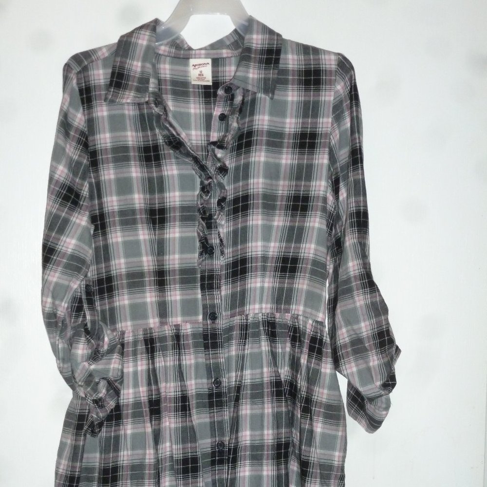 Arizona  Casual Plaid long sleeve Girls Cotton  Dress Button down Sz 12 REg